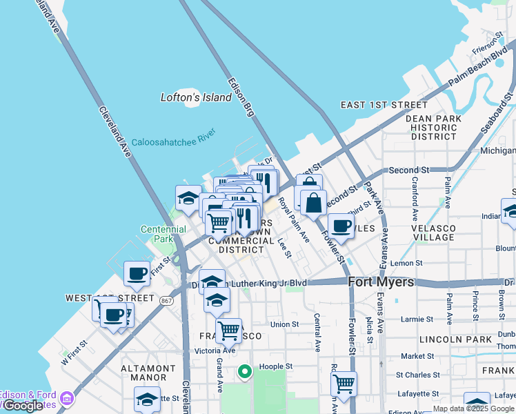 map of restaurants, bars, coffee shops, grocery stores, and more near 1520 Jackson Street in Fort Myers