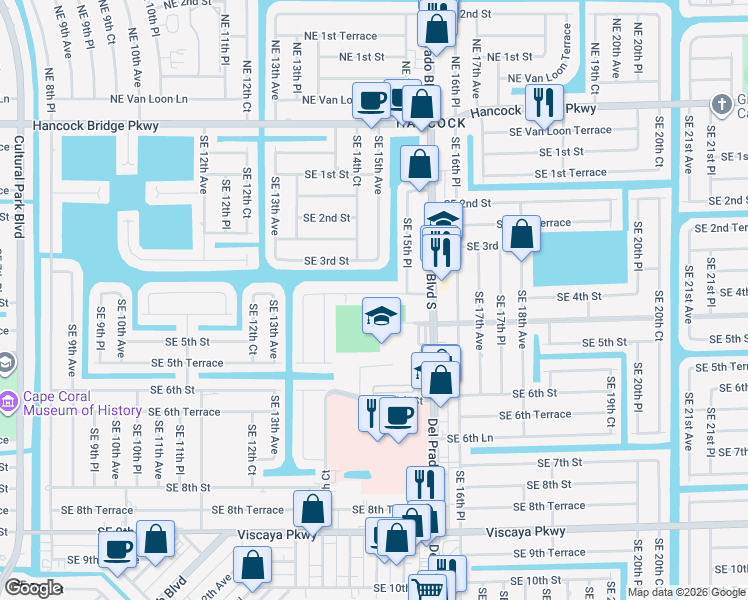 map of restaurants, bars, coffee shops, grocery stores, and more near 1420 Southeast 4th Street in Cape Coral