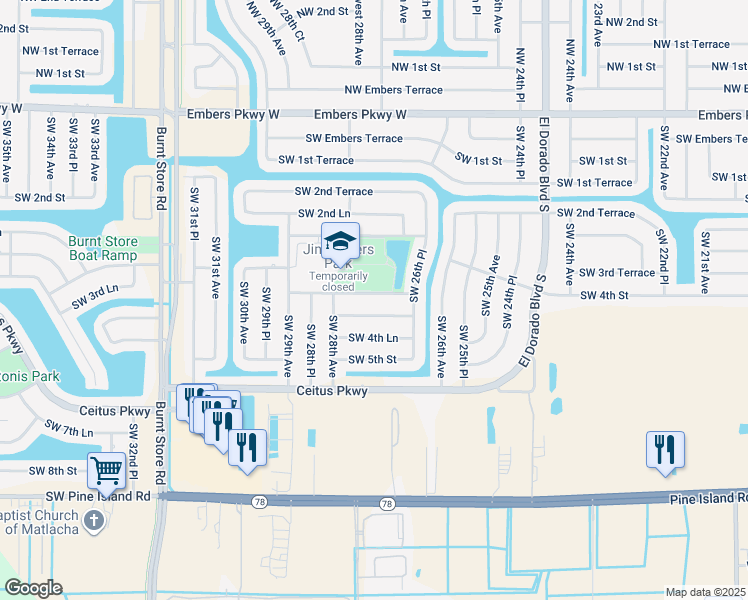 map of restaurants, bars, coffee shops, grocery stores, and more near 2718 Southwest 3rd Lane in Cape Coral
