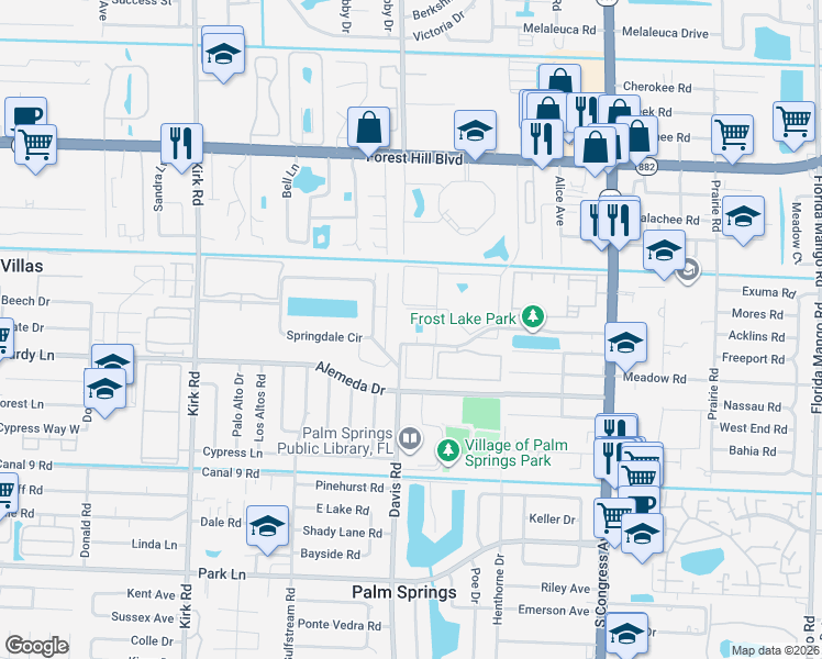 map of restaurants, bars, coffee shops, grocery stores, and more near 502 Davis Road in Palm Springs