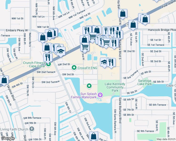 map of restaurants, bars, coffee shops, grocery stores, and more near 263 Southwest 3rd Avenue in Cape Coral