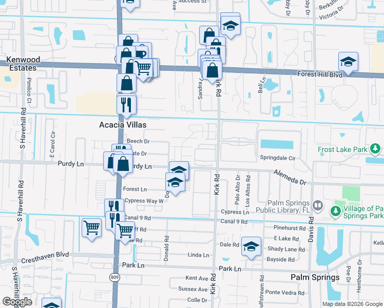 map of restaurants, bars, coffee shops, grocery stores, and more near 100 Madrid Drive in Palm Springs