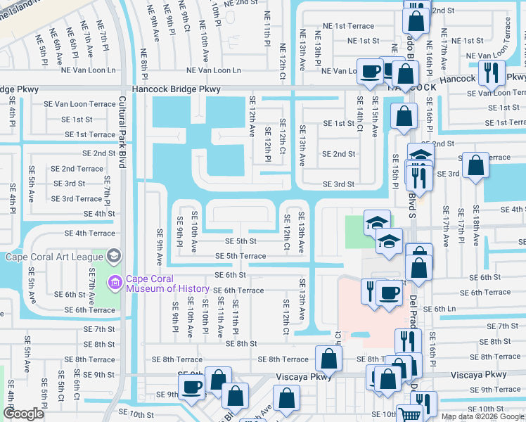 map of restaurants, bars, coffee shops, grocery stores, and more near 1204 Southeast 4th Terrace in Cape Coral