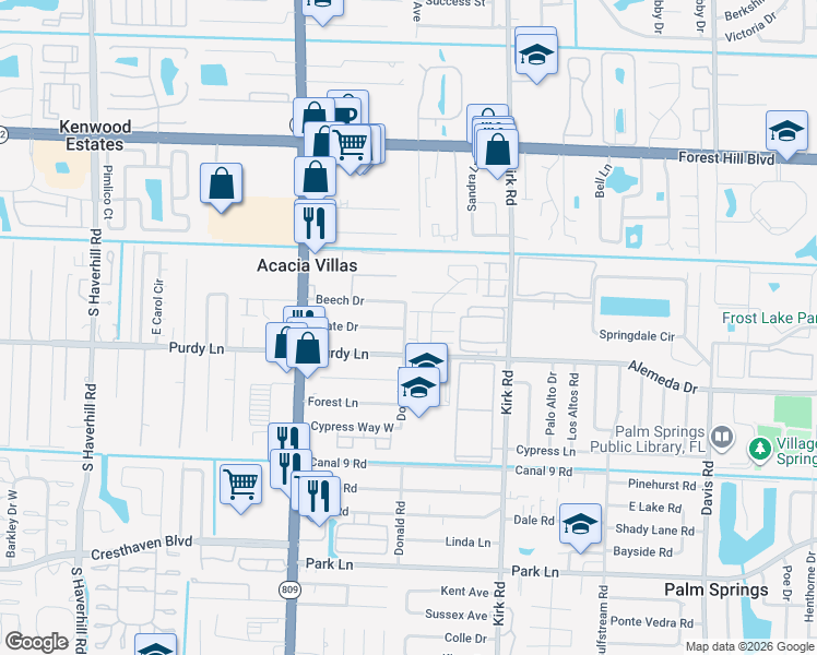 map of restaurants, bars, coffee shops, grocery stores, and more near 4277 Purdy Lane in West Palm Beach