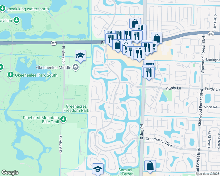 map of restaurants, bars, coffee shops, grocery stores, and more near Hammocks Court in Greenacres