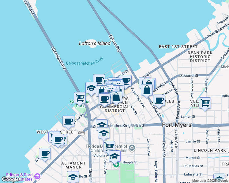 map of restaurants, bars, coffee shops, grocery stores, and more near 1520 Jackson Street in Fort Myers