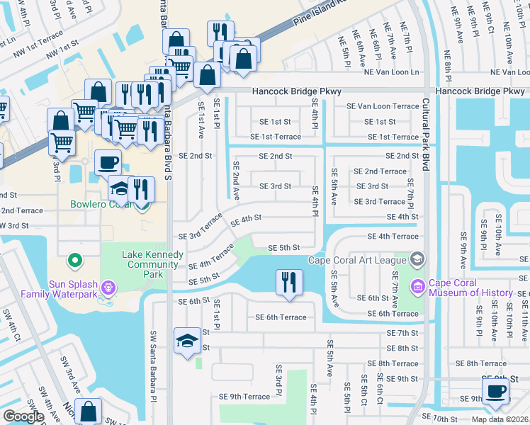 map of restaurants, bars, coffee shops, grocery stores, and more near 209 Southeast 4th Terrace in Cape Coral