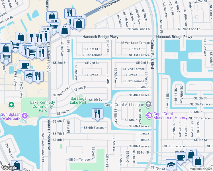 map of restaurants, bars, coffee shops, grocery stores, and more near 409 Southeast 4th Terrace in Cape Coral