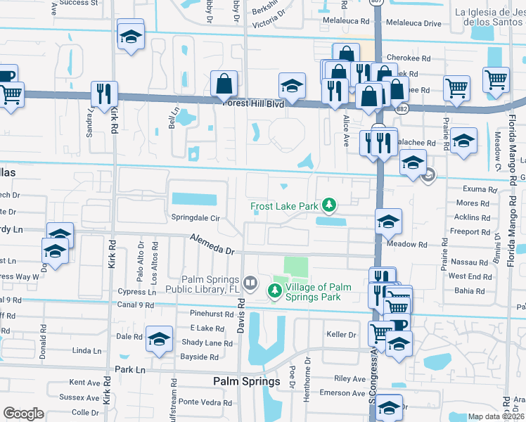 map of restaurants, bars, coffee shops, grocery stores, and more near 106 Davis Road in Palm Springs