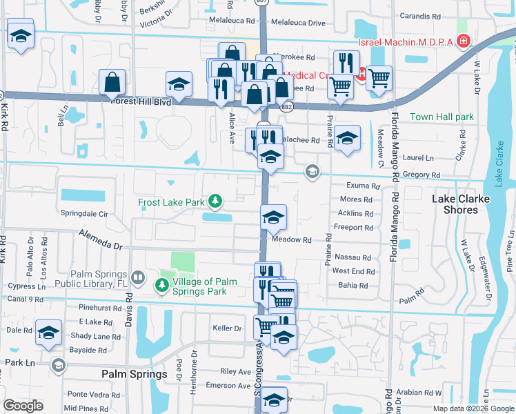 map of restaurants, bars, coffee shops, grocery stores, and more near 2180 Florida 807 in Palm Springs