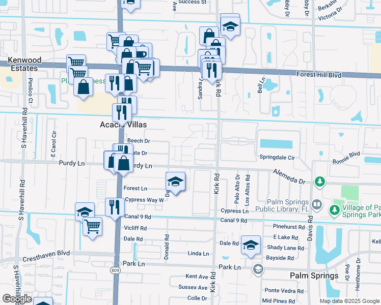 map of restaurants, bars, coffee shops, grocery stores, and more near 100 Madrid Drive in Palm Springs