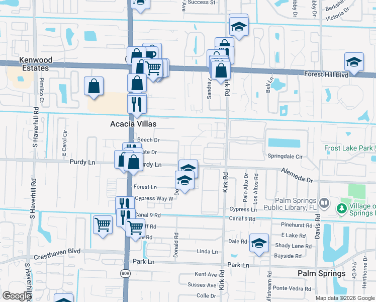 map of restaurants, bars, coffee shops, grocery stores, and more near 304 Woodland Road in Palm Springs