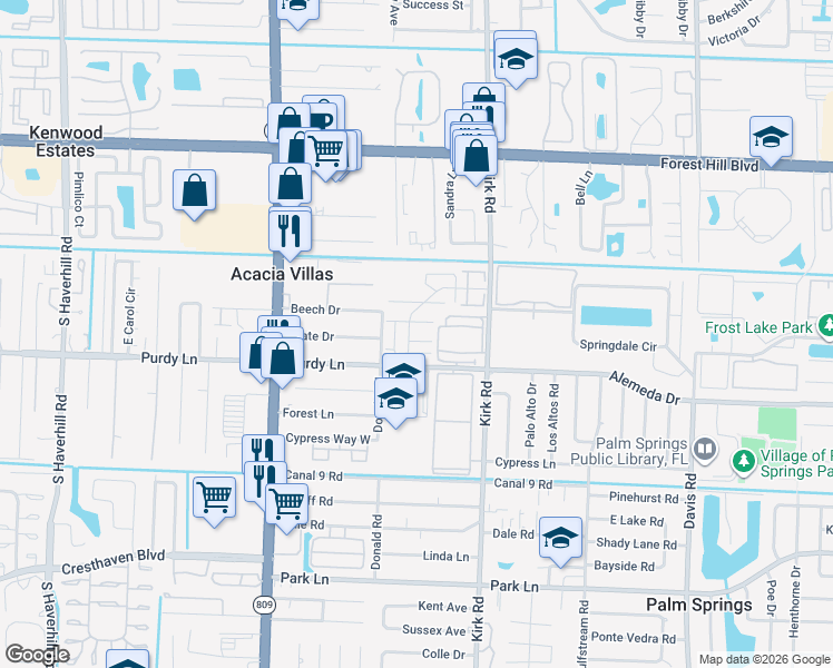 map of restaurants, bars, coffee shops, grocery stores, and more near 304 Woodland Road in Palm Springs