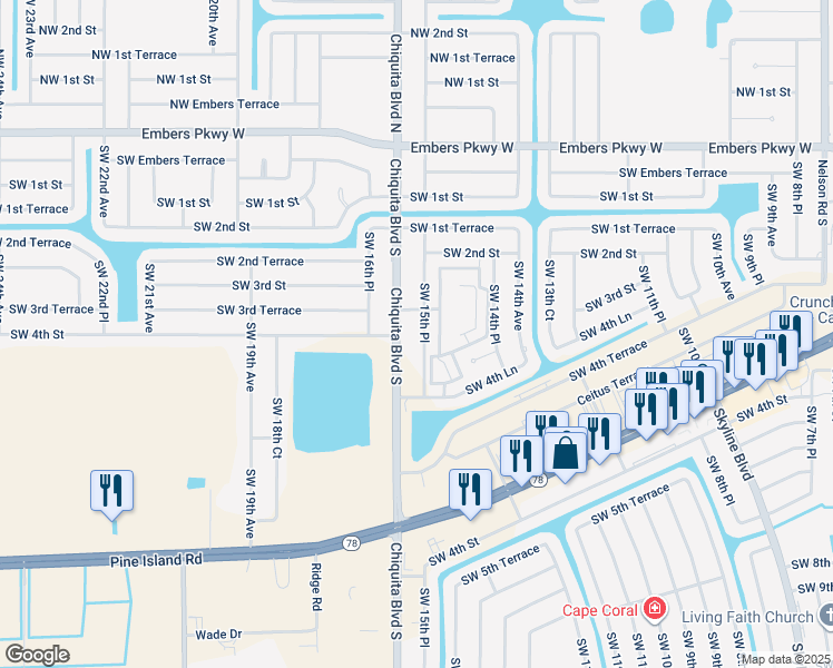 map of restaurants, bars, coffee shops, grocery stores, and more near 300 Southwest 15th Place in Cape Coral