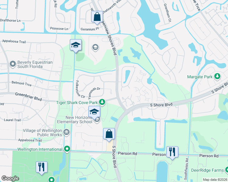 map of restaurants, bars, coffee shops, grocery stores, and more near 13675 Yarmouth Court in Wellington
