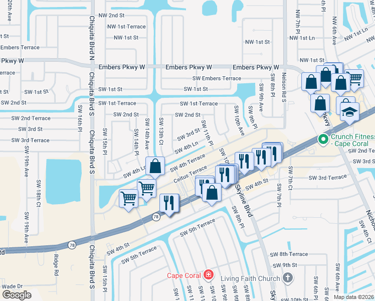 map of restaurants, bars, coffee shops, grocery stores, and more near 1139 Southwest 4th Lane in Cape Coral
