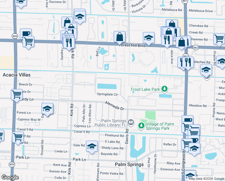 map of restaurants, bars, coffee shops, grocery stores, and more near 243 Springdale Circle in Palm Springs