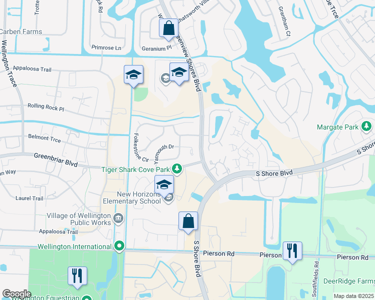 map of restaurants, bars, coffee shops, grocery stores, and more near 13675 Yarmouth Court in Wellington