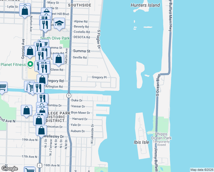 map of restaurants, bars, coffee shops, grocery stores, and more near 7924 South Flagler Drive in West Palm Beach