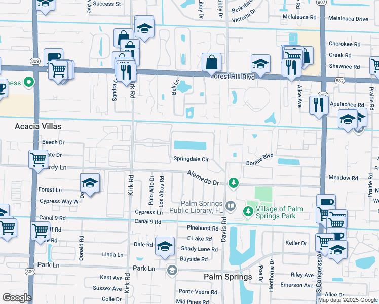 map of restaurants, bars, coffee shops, grocery stores, and more near 123 Springdale Circle in Palm Springs