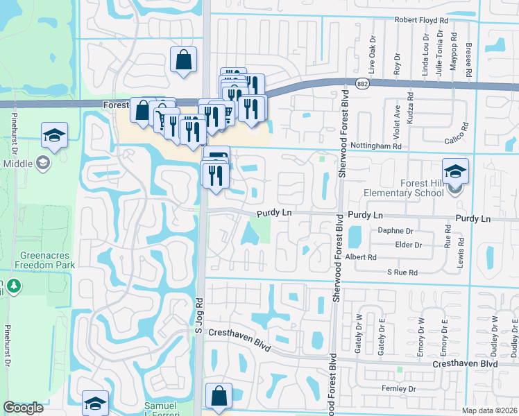 map of restaurants, bars, coffee shops, grocery stores, and more near 60c White Pine Circle in Greenacres