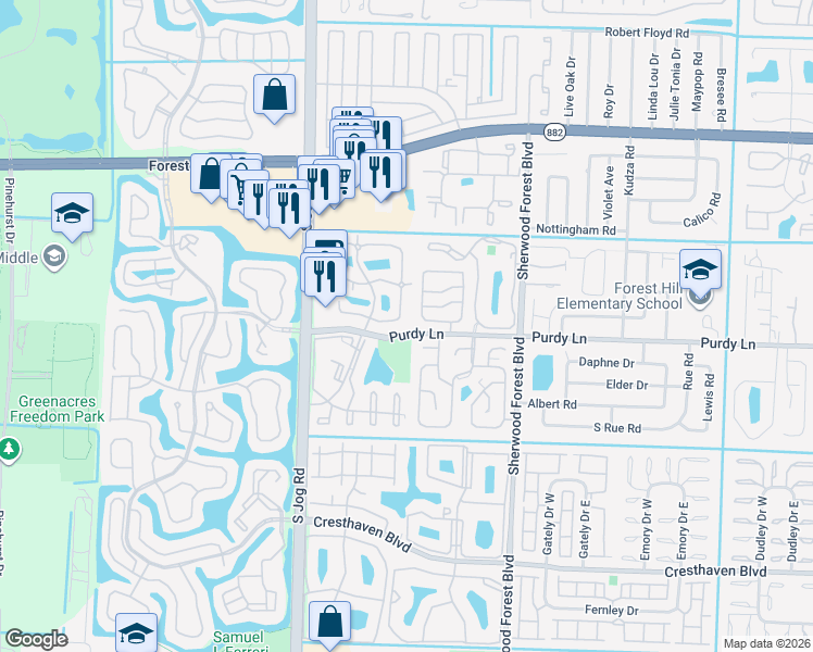 map of restaurants, bars, coffee shops, grocery stores, and more near 60c White Pine Circle in Greenacres