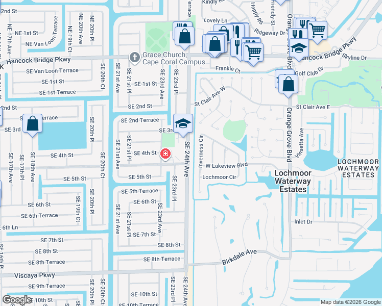 map of restaurants, bars, coffee shops, grocery stores, and more near 319 Southeast 24th Avenue in Cape Coral