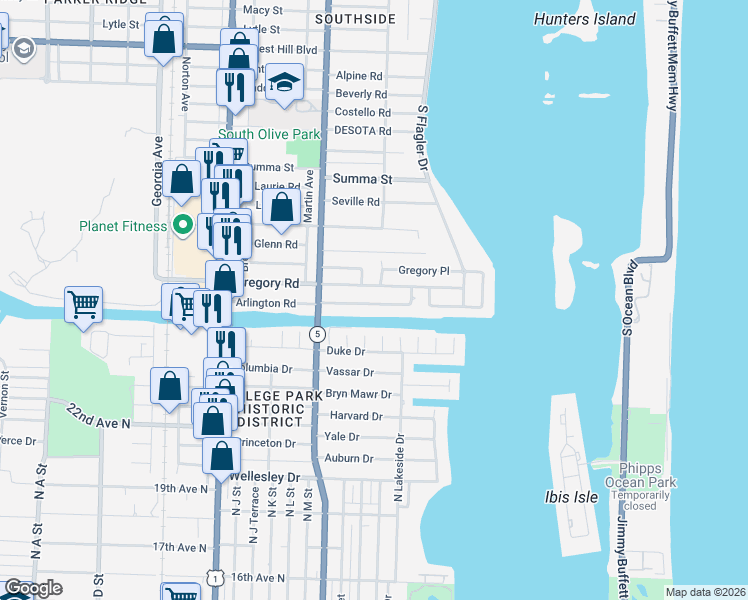 map of restaurants, bars, coffee shops, grocery stores, and more near 209 Gregory Road in West Palm Beach