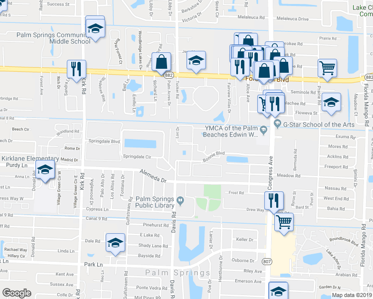 map of restaurants, bars, coffee shops, grocery stores, and more near 506 Davis Road in Palm Springs