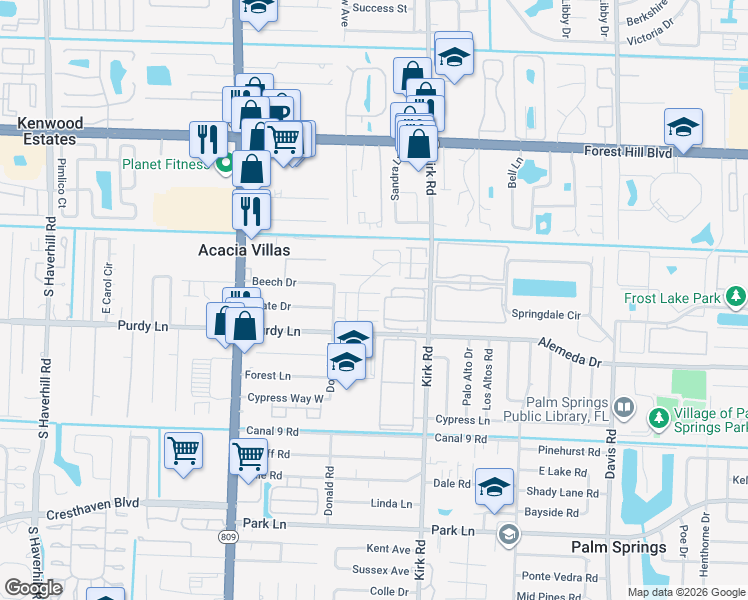 map of restaurants, bars, coffee shops, grocery stores, and more near 171 Woodland Road in Palm Springs