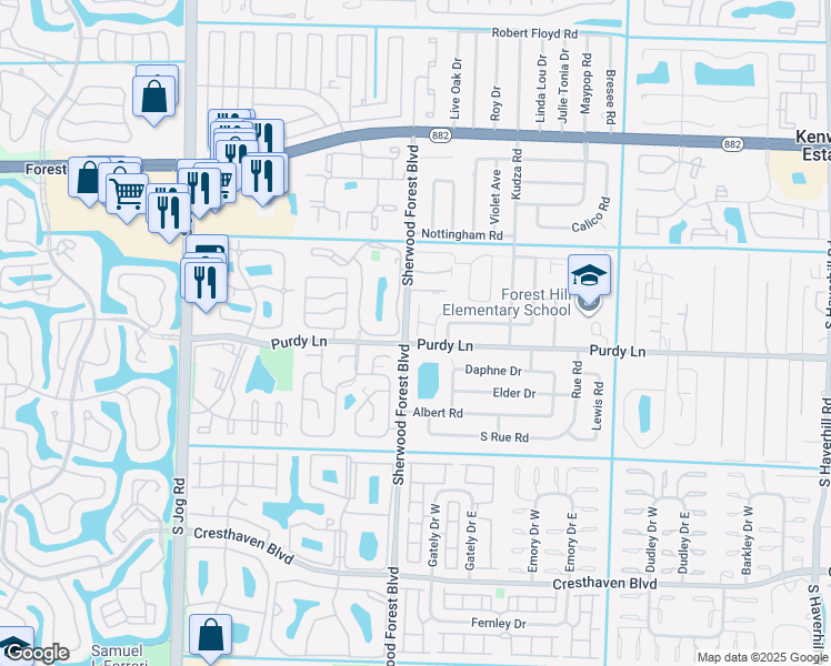 map of restaurants, bars, coffee shops, grocery stores, and more near 7 Laurel Way in West Palm Beach