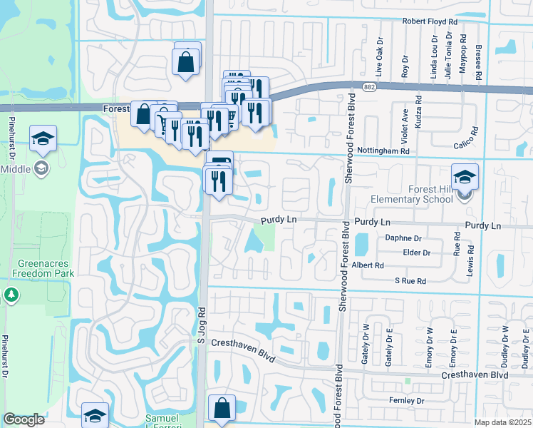 map of restaurants, bars, coffee shops, grocery stores, and more near 60c White Pine Circle in Greenacres