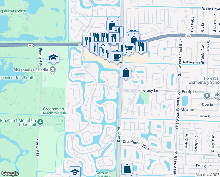 map of restaurants, bars, coffee shops, grocery stores, and more near 1007 Island Manor Drive in Greenacres