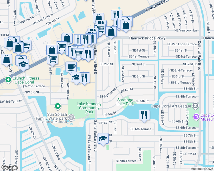 map of restaurants, bars, coffee shops, grocery stores, and more near 258 Southeast 1st Avenue in Cape Coral