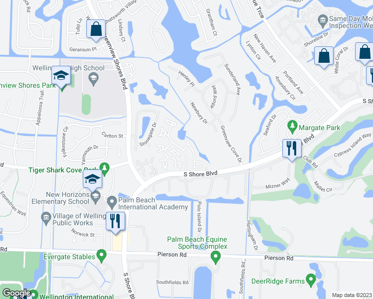 map of restaurants, bars, coffee shops, grocery stores, and more near 2630 Bedford Mews Drive in Wellington