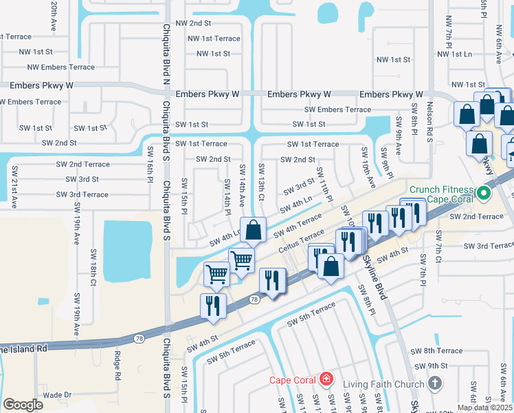 map of restaurants, bars, coffee shops, grocery stores, and more near 301 Southwest 14th Avenue in Cape Coral