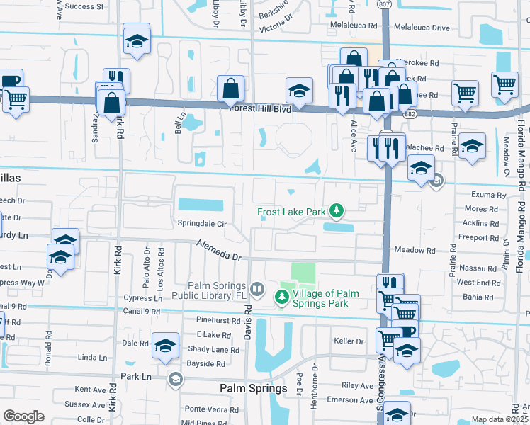 map of restaurants, bars, coffee shops, grocery stores, and more near 506 Davis Road in Palm Springs