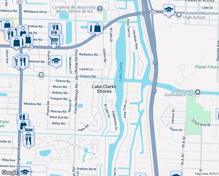 map of restaurants, bars, coffee shops, grocery stores, and more near 7518 Edgewater Circle in West Palm Beach