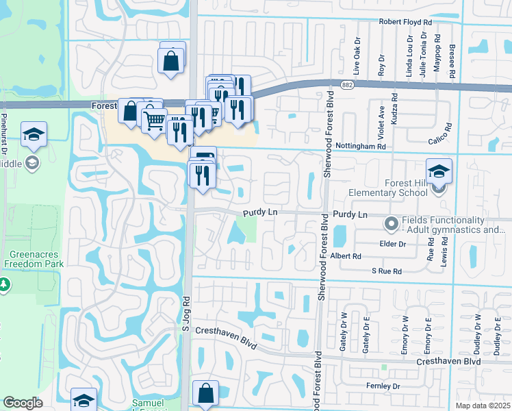 map of restaurants, bars, coffee shops, grocery stores, and more near 2212 White Pine Circle in Greenacres