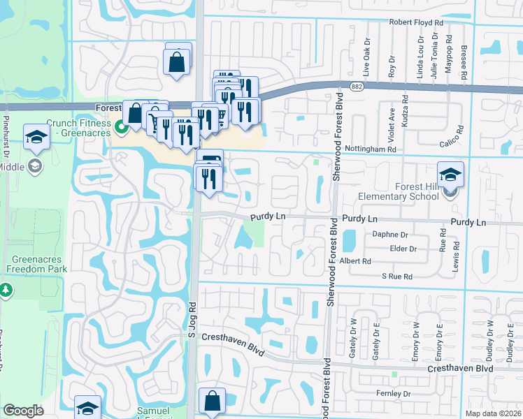 map of restaurants, bars, coffee shops, grocery stores, and more near 2212 White Pine Circle in Greenacres