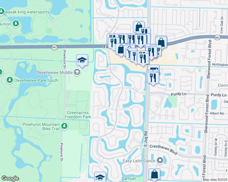map of restaurants, bars, coffee shops, grocery stores, and more near 119 Hammocks Court in Greenacres