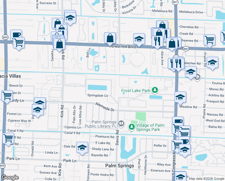 map of restaurants, bars, coffee shops, grocery stores, and more near 503 Springdale Circle in Palm Springs