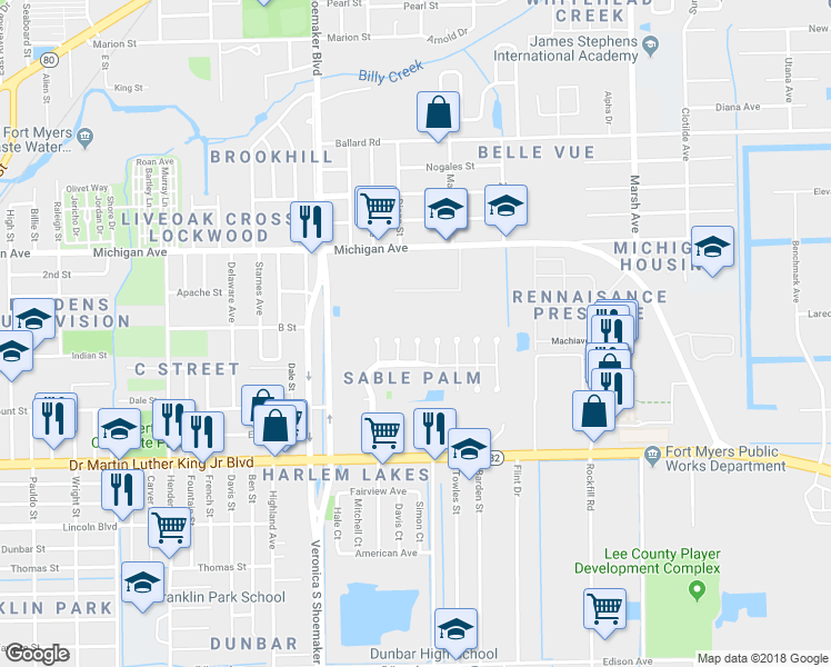 map of restaurants, bars, coffee shops, grocery stores, and more near 1754 Elan Court in Fort Myers