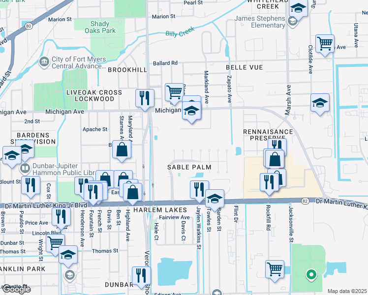 map of restaurants, bars, coffee shops, grocery stores, and more near 1755 Ebenezer Court in Fort Myers