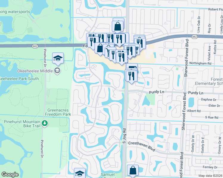 map of restaurants, bars, coffee shops, grocery stores, and more near 1055 Island Manor Drive in Greenacres