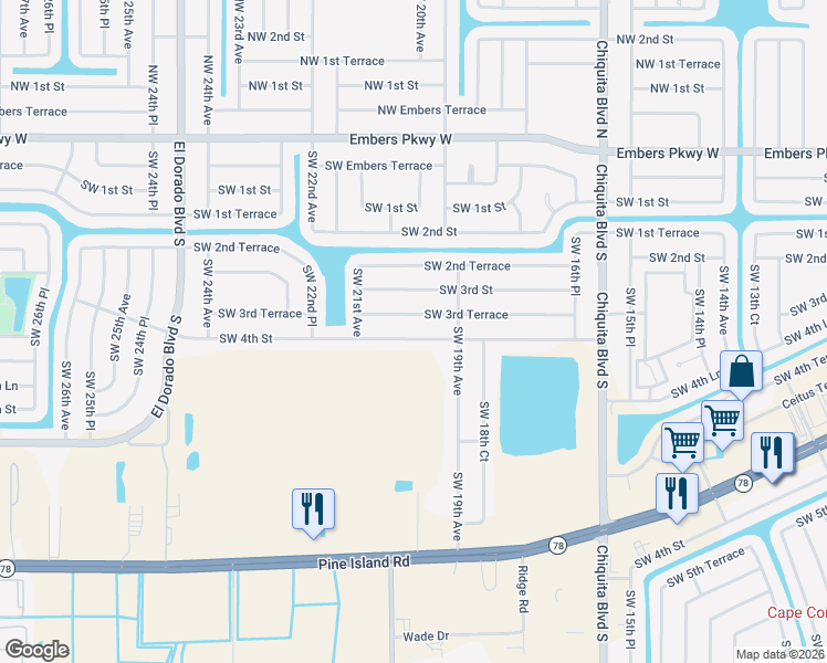 map of restaurants, bars, coffee shops, grocery stores, and more near 1925 Southwest 4th Street in Cape Coral