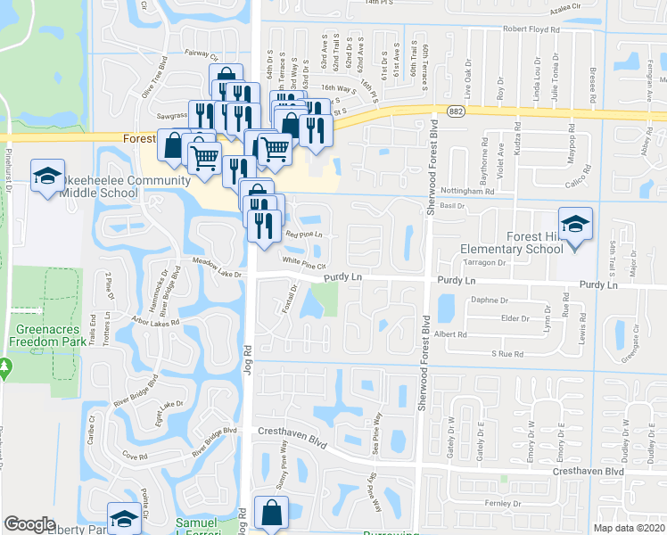 map of restaurants, bars, coffee shops, grocery stores, and more near 60c White Pine Circle in Greenacres