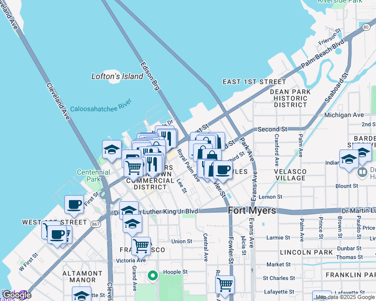 map of restaurants, bars, coffee shops, grocery stores, and more near in Fort Myers
