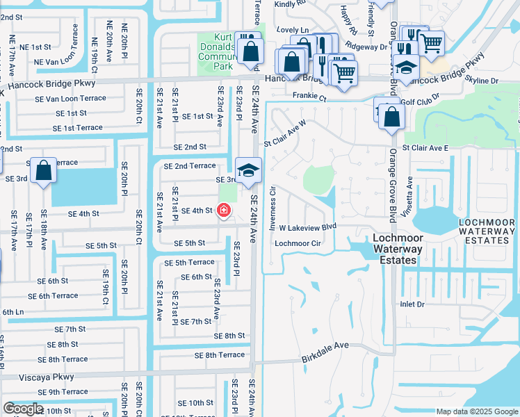 map of restaurants, bars, coffee shops, grocery stores, and more near 319 Southeast 24th Avenue in Cape Coral