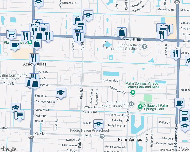 map of restaurants, bars, coffee shops, grocery stores, and more near 2000 Springdale Boulevard in Palm Springs